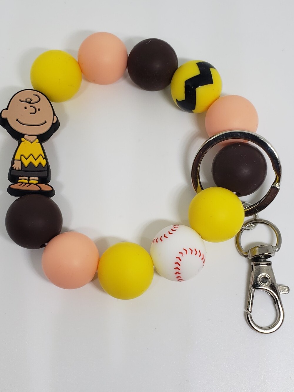 Handmade Baseball Charlie Brown Silicone Focal Beaded Wristlet Keychain Bracelet